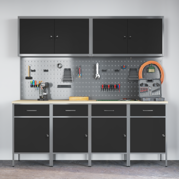 10-teiliges Arbeitskabinet und Pegboard-Set in Schwarz aus MDF und Metall