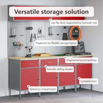 10-teiliges Werkstattregal- und Pinnwand-Set in Rot aus MDF und Metall