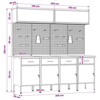 10-teiliges Werkstattregal- und Pinnwand-Set in Rot aus MDF und Metall