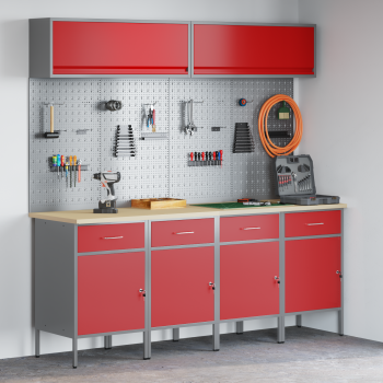 10-teiliges Werkstattregal- und Pinnwand-Set in Rot aus MDF und Metall