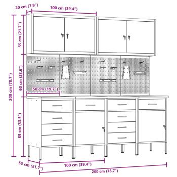 10-teiliges Werkstattschrank- und Pegboard-Set in Rot aus MDF und Metall