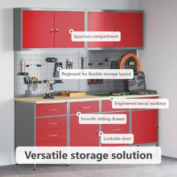 10-teiliges Werkstattschrank- und Pegboard-Set in Rot aus MDF und Metall