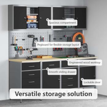10-teiliges Werkbank- und Pegboard-Set Schwarz MDF und Metall