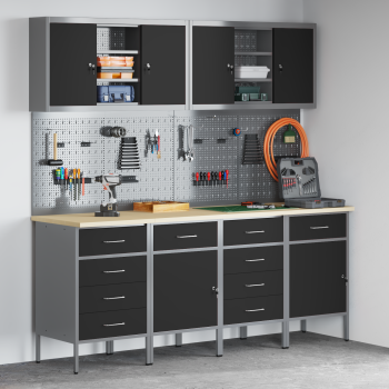 10-teiliges Werkbank- und Pegboard-Set Schwarz MDF und Metall