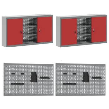 ARDEBO.de - 10-teiliges Set mit Arbeitsregal und Pegboard in Rot aus MDF und Metall