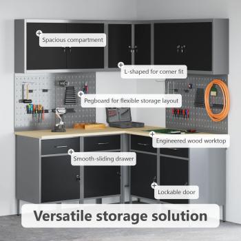 12-teiliges Werkstattschrank- und Lochblechset in Schwarz aus MDF und Metall
