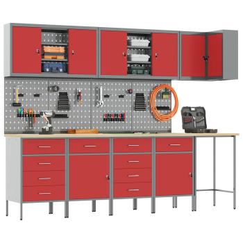 12-teiliges Werkstattschrank- und Lochwandset in Rot aus MDF und Metall