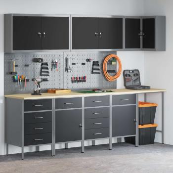 12-teiliges Werkstattschrank- und Pegboard-Set Schwarz MDF und Metall