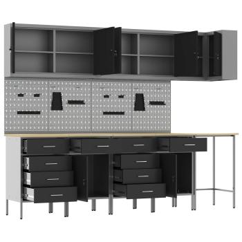 12-teiliges Werkstattschrank- und Pegboard-Set Schwarz MDF und Metall