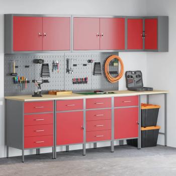 12-teiliges Werkstattschrank- und Pegboard-Set in Rot aus MDF und Metall