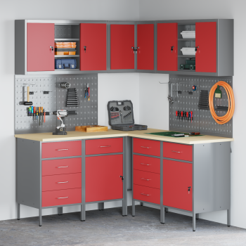 12-teiliges Werkstattschrank- und Pegboard-Set in Rot aus MDF und Metall