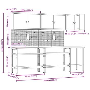 10-teiliges Werkzeuglager-Set Tisch Schwarz, Holzwerkstoff und Metall