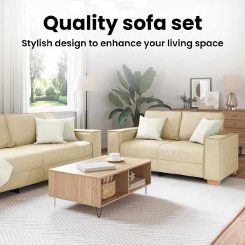 3-teiliges Sofaset mit Kissen, cremefarbenes Gewebe
