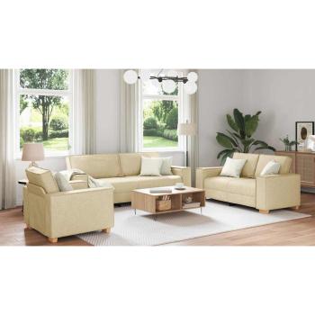 3-teiliges Sofaset mit Kissen, cremefarbenes Gewebe