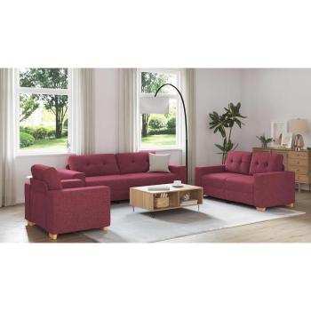 3-teilige Sofagarnitur mit Kissen, weinrot, Stoff