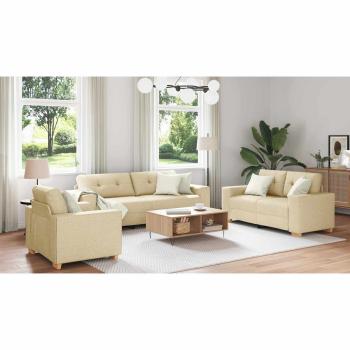 3-teiliges Sofaset mit Kissen, cremefarbene Stoff