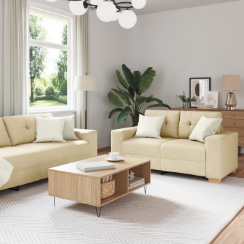 3-teiliges Sofaset mit Kissen, cremefarbene Stoff