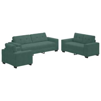 3-teiliges Sofaset mit Kissen in dunkelgrünem Samt