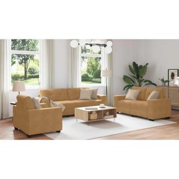 3-teiliges Sofaset mit Kissen aus braunem Samt