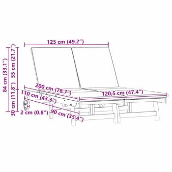 Doppel-Sonnenliege mit Rädern und Kissen aus stabilem Akazienholz