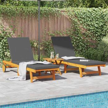 Sonnenliegen 2er Set mit Rädern und Kissen aus Akazienholz
