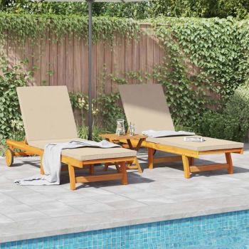 Sonnenliegen 2er Set mit Rädern und Kissen aus massivem Akazienholz
