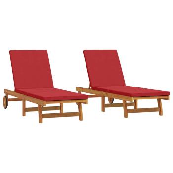 2er Set Sonnenliegen mit Rädern und Kissen aus massivem Akazienholz