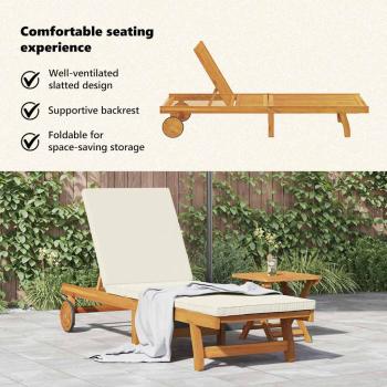 Rollbare Sonnenliege mit Tisch und Kissen aus massivem Akazienholz