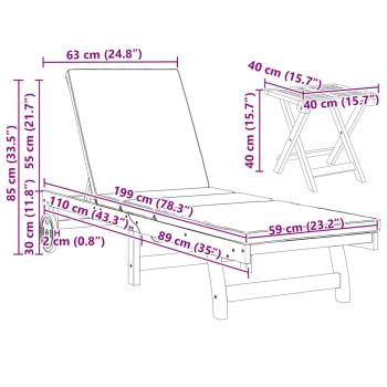Rollbare Sonnenliege mit Tisch und Kissen aus massivem Akazienholz