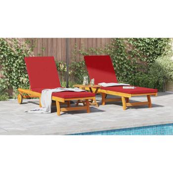 Rollbare Sonnenliegen 2er Set mit Tisch & Kissen aus Akazienholz