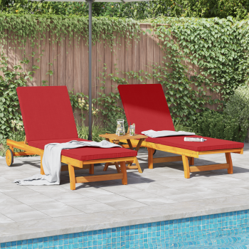 Rollbare Sonnenliegen 2er Set mit Tisch & Kissen aus Akazienholz