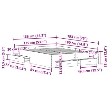 Bettgestell mit Schubladen Schwarz Eiche 135x190 cm Ingenieurholz