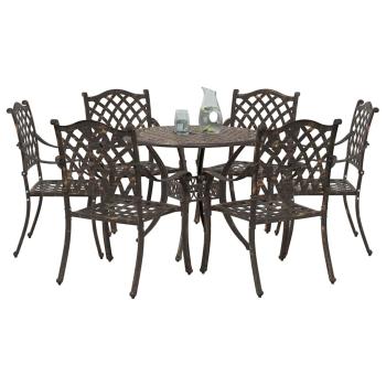 7-teiliges Garten-Esszimmer-Set aus bronzefarbenem Gusseisen