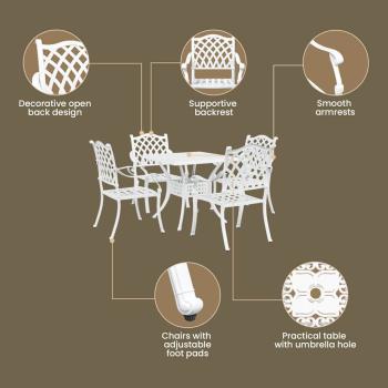 5-teiliges Garten-Esszimmer-Set aus weißem Guss-Aluminium