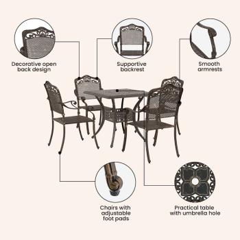 5-teiliges Garten-Esszimmer-Set aus bronzefarbenem Gusseisen