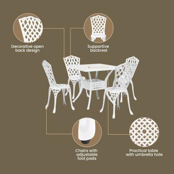5-teiliges Garten-Esszimmer-Set aus weißem Gusseisen