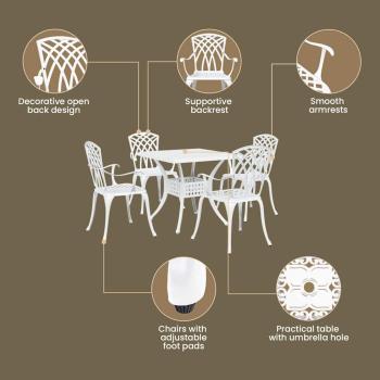 5-teiliges Garten-Esszimmer-Set aus weißem Gusseisen
