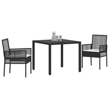 3-teiliges Garten-Esszimmer-Set mit Kissen Schwarz Poly-Rattan