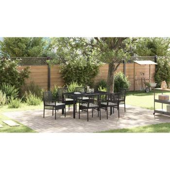 7-teiliges Garten Essset mit Kissen Schwarz Poly Rattan