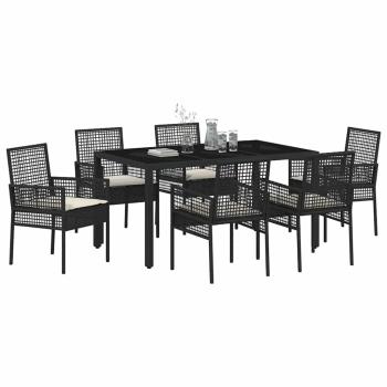 7-teiliges Garten Essset mit Kissen Schwarz Poly Rattan