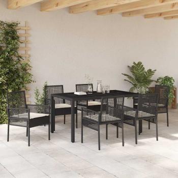 7-teiliges Garten Essset mit Kissen Schwarz Poly Rattan