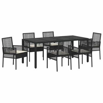 7-teiliges Garten-Dining-Set mit Kissen Schwarz Poly Rattan