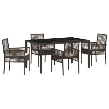 5-teiliges Garten-Ess-Set mit Kissen Braun Poly Rattan