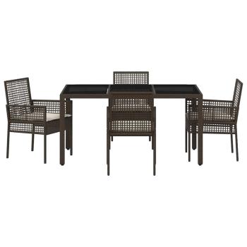 5-teiliges Garten-Ess-Set mit Kissen Braun Poly Rattan