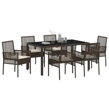 7-teiliges Garten-Dining-Set mit Kissen in Braunem Poly-Rattan
