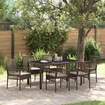 7-teiliges Garten-Dining-Set mit Kissen in Braunem Poly-Rattan
