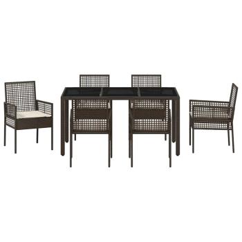 7-teiliges Garten-Dining-Set mit Kissen in Braunem Poly-Rattan