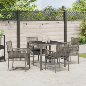 5-teiliges Garten-Esszimmer-Set mit Kissen Grau Poly-Rattan