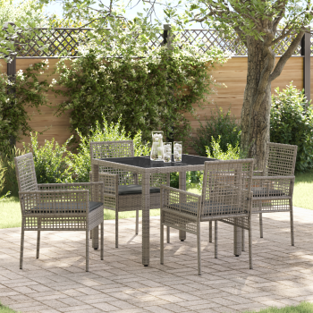 5-teiliges Garten-Esszimmer-Set mit Kissen Grau Poly-Rattan
