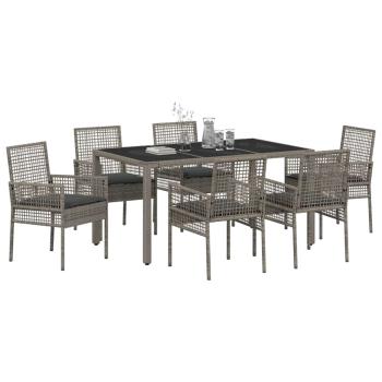 7-teilige Garten-Essgruppe mit Kissen Grau Poly Rattan